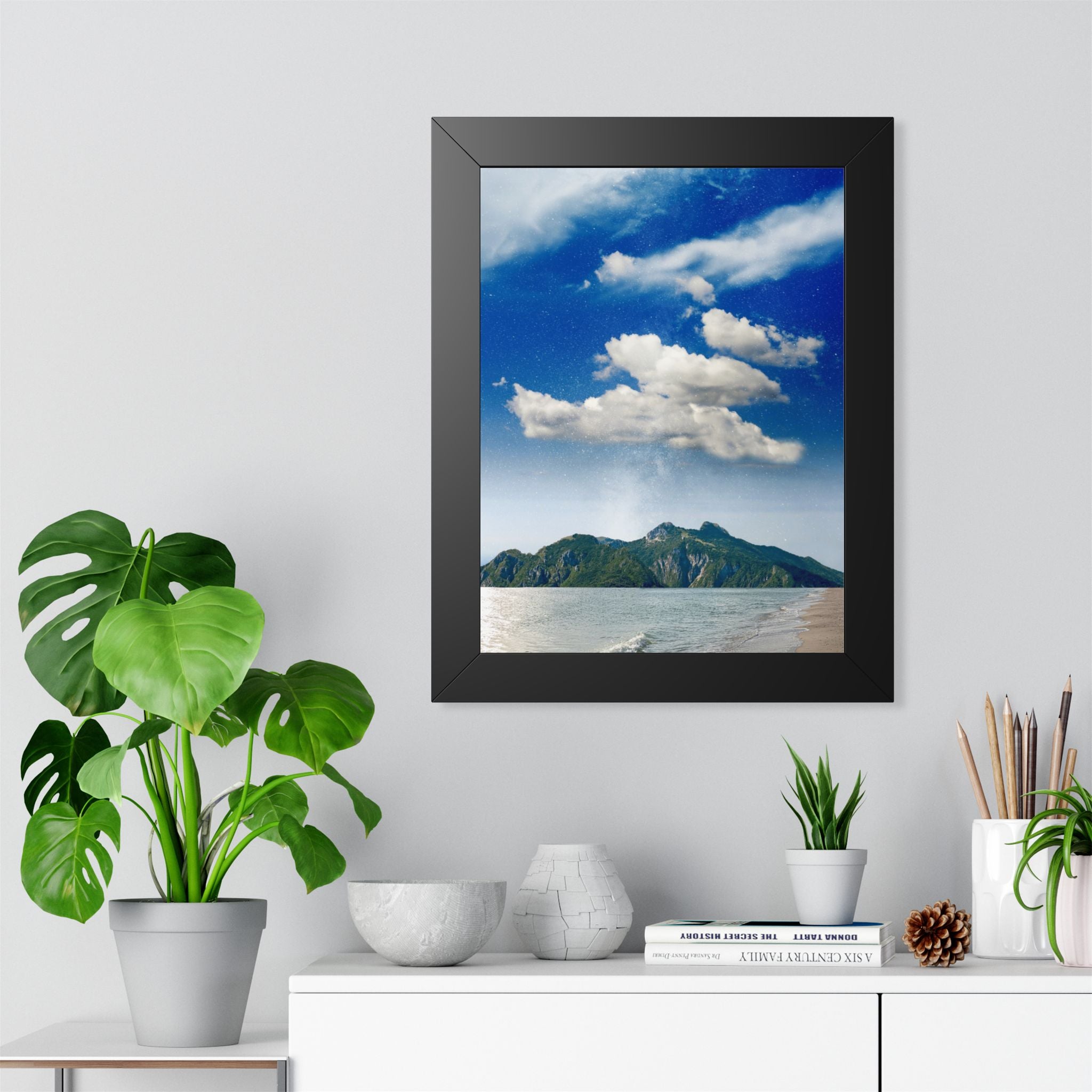 Star-Filled Shoreline Framed Vertical Poster - Stunning Ocean View Art for Home & Office Décor