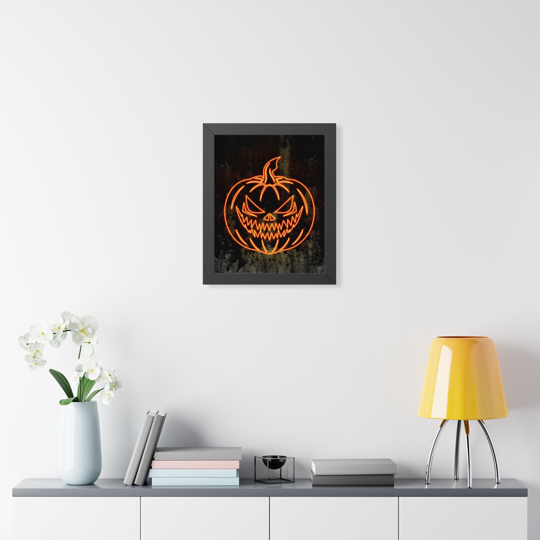 Neon Pumpkin Framed Poster - Spooky Halloween Wall Art
