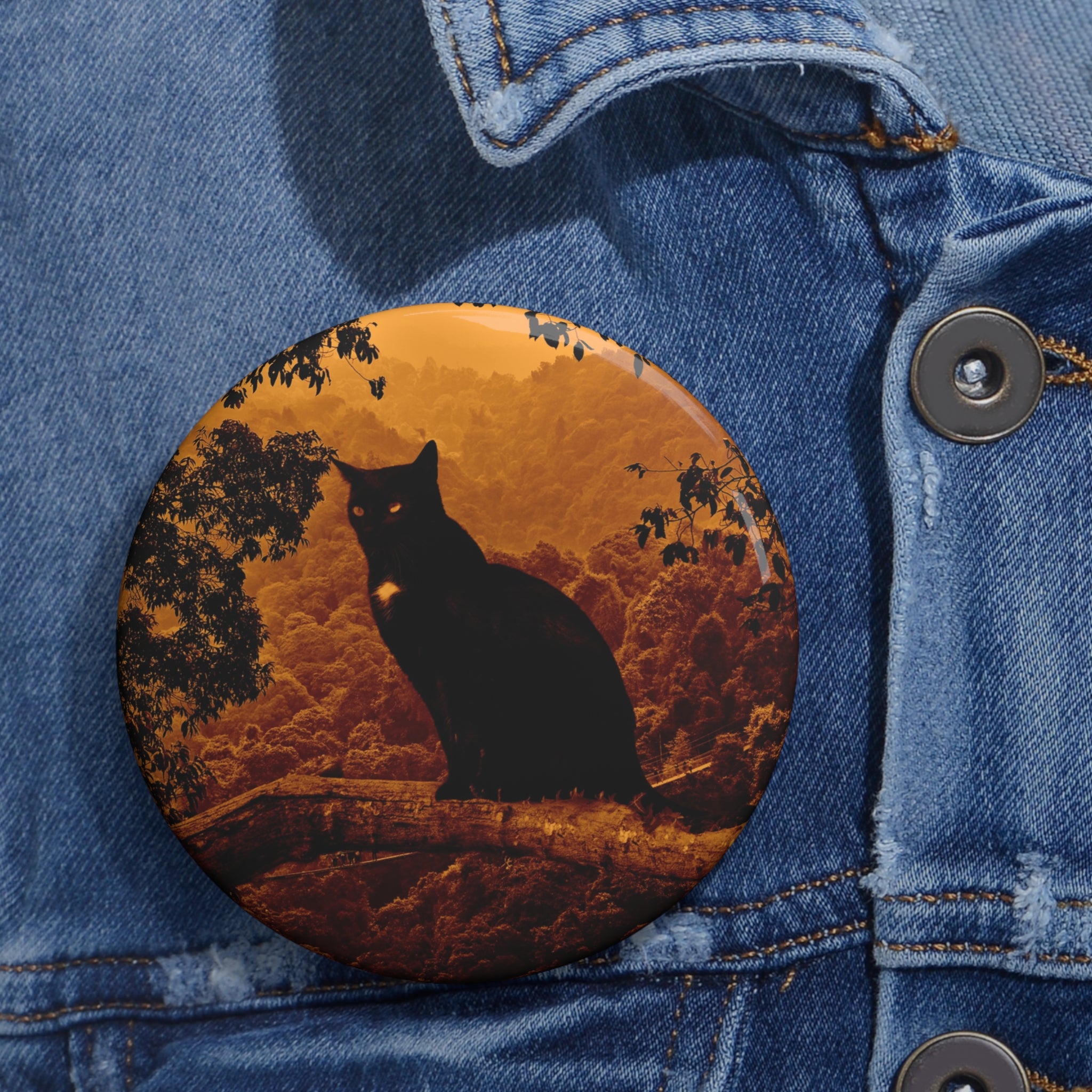 Spooky Cat in Tree Halloween Art Button