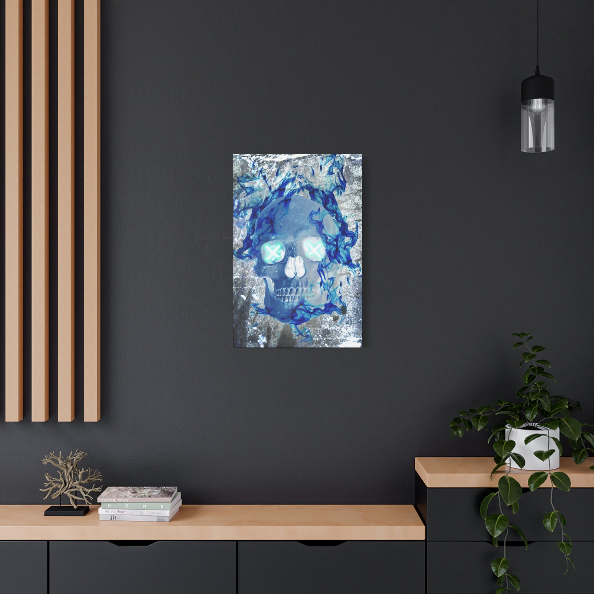 Blue Flame Skull Gothic Canvas Art - Edgy Fire Skeleton Decor