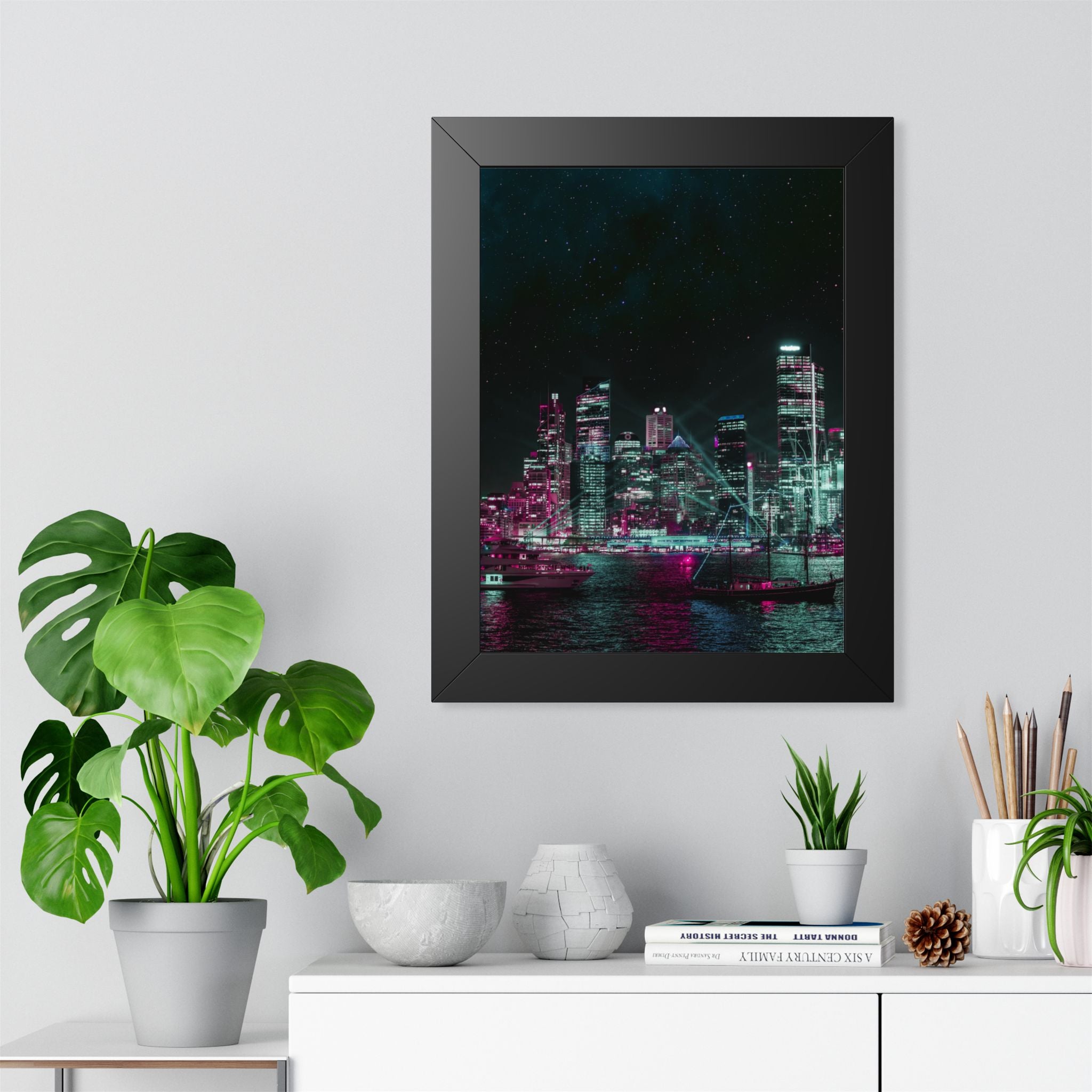 Cyberpunk Harbor Buildings Poster - Neon Cityscape Art Print