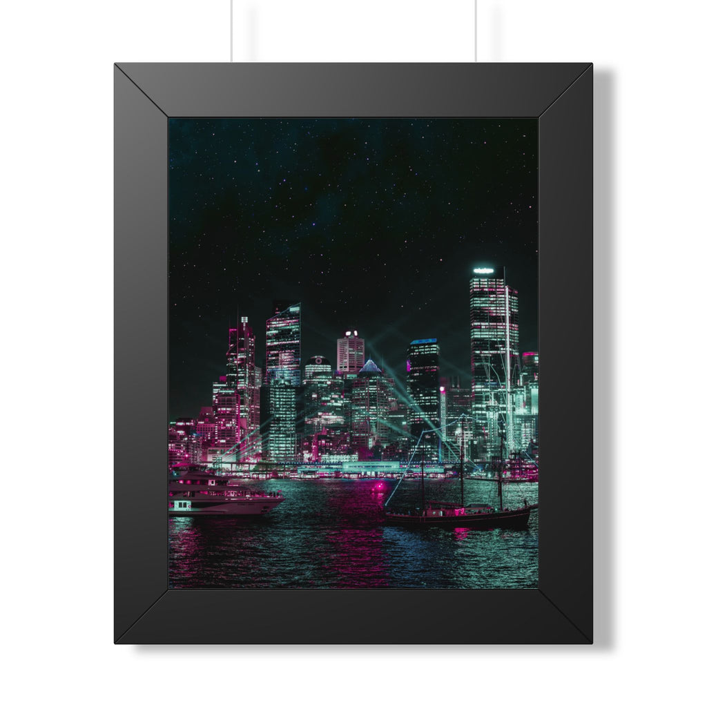 Cyberpunk Harbor Buildings Poster - Neon Cityscape Art Print