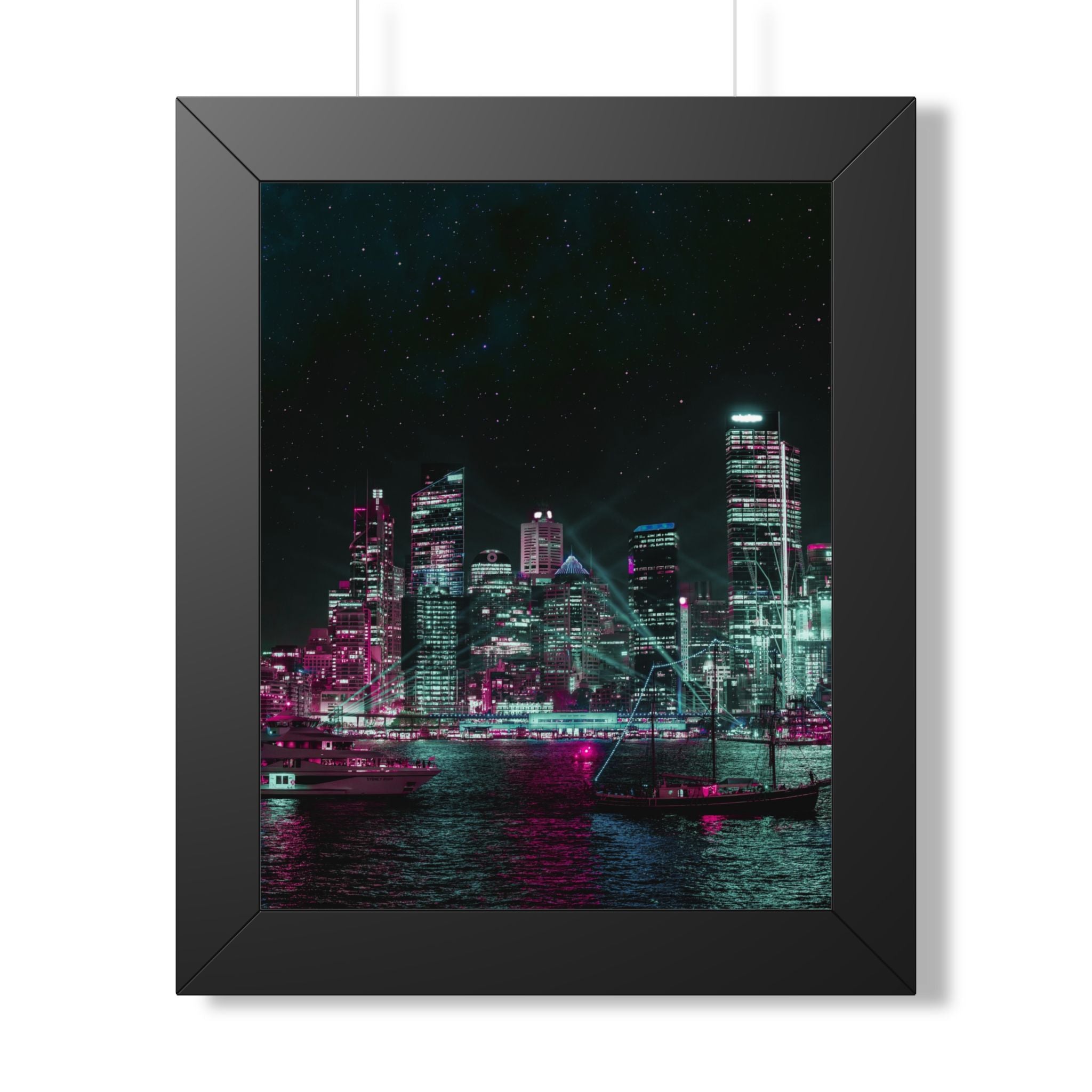 Cyberpunk Harbor Buildings Poster - Neon Cityscape Art Print