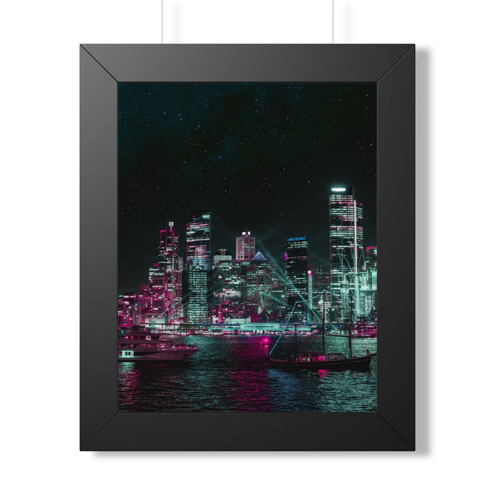 Cyberpunk Harbor Buildings Poster - Neon Cityscape Art Print