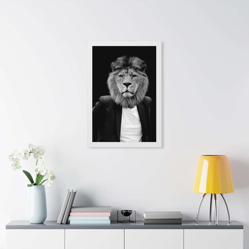 Lion in a Suit Framed Poster - Majestic Business Animal Wall Art
