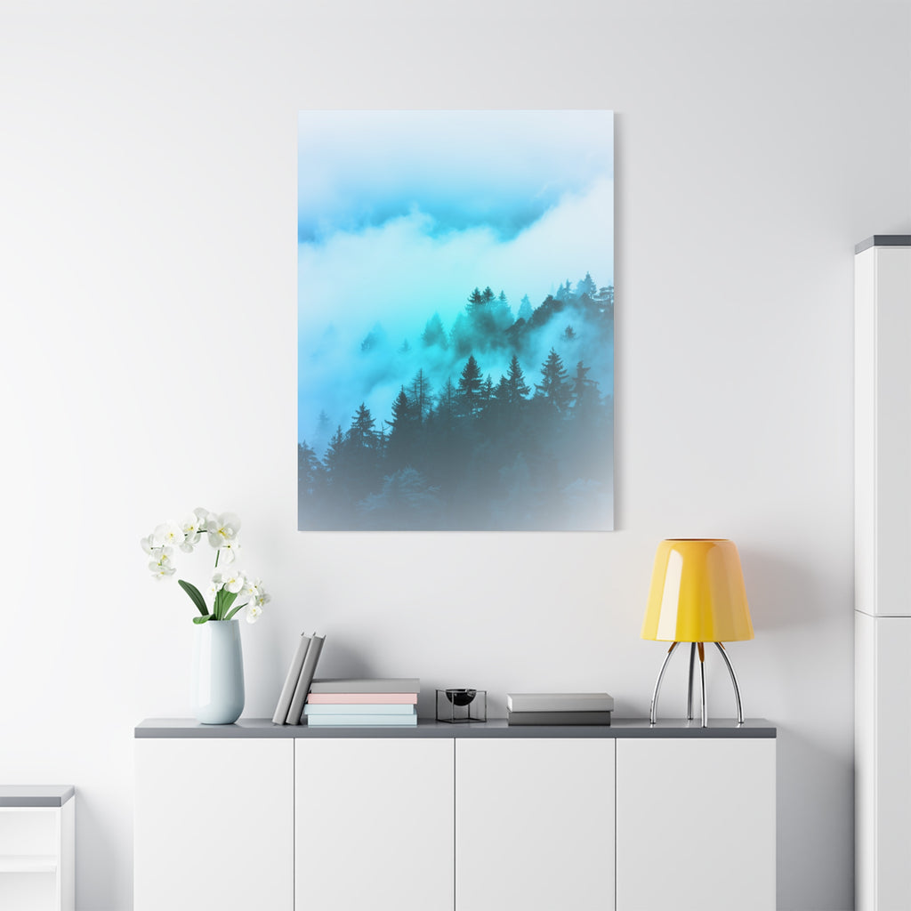 Blue Mountain Fog Canvas Wall Art - Misty Forest Nature Decor