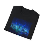 Cosmic Frosted City Skyline Graphic Tee - Night Cityscape Shirt