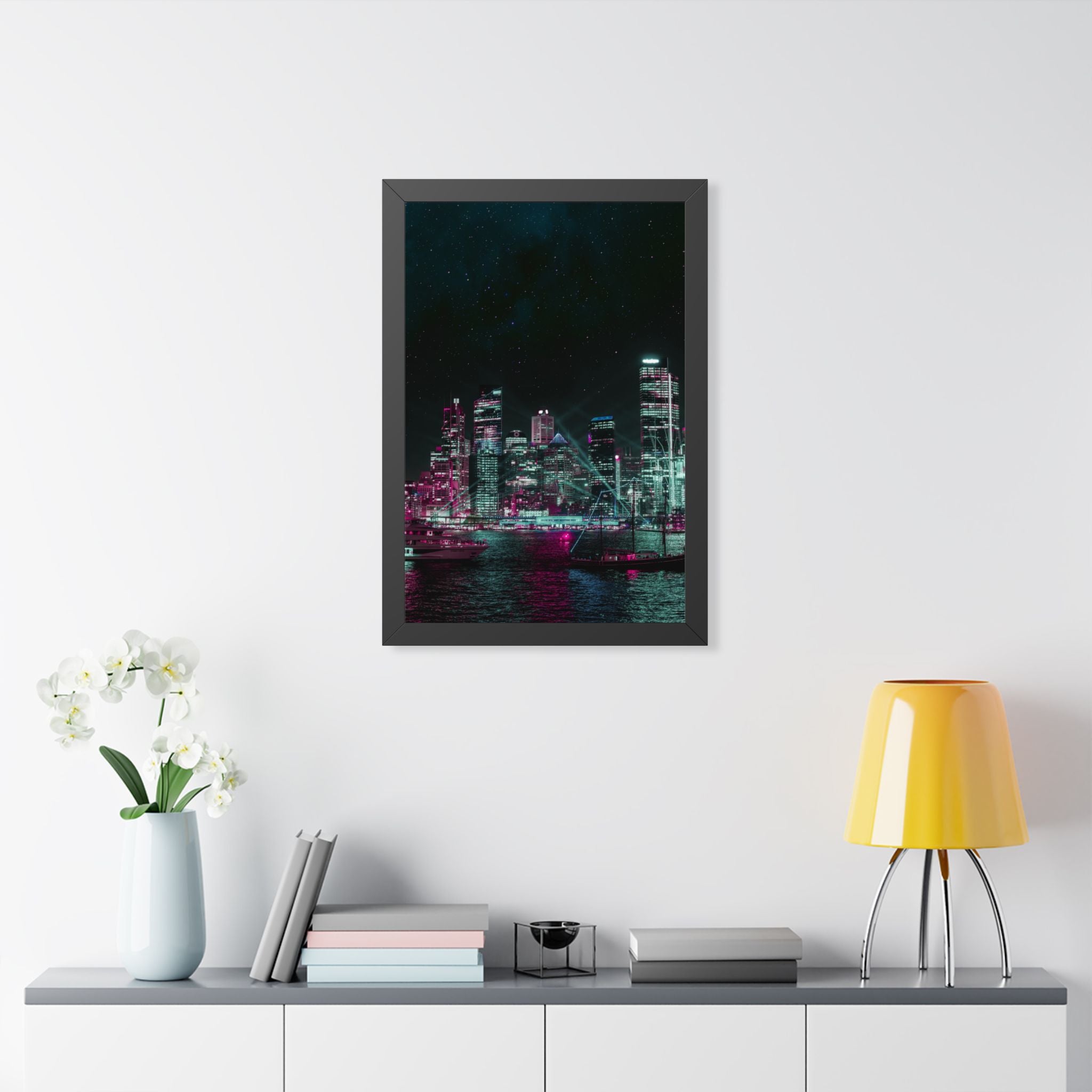 Cyberpunk Harbor Buildings Poster - Neon Cityscape Art Print