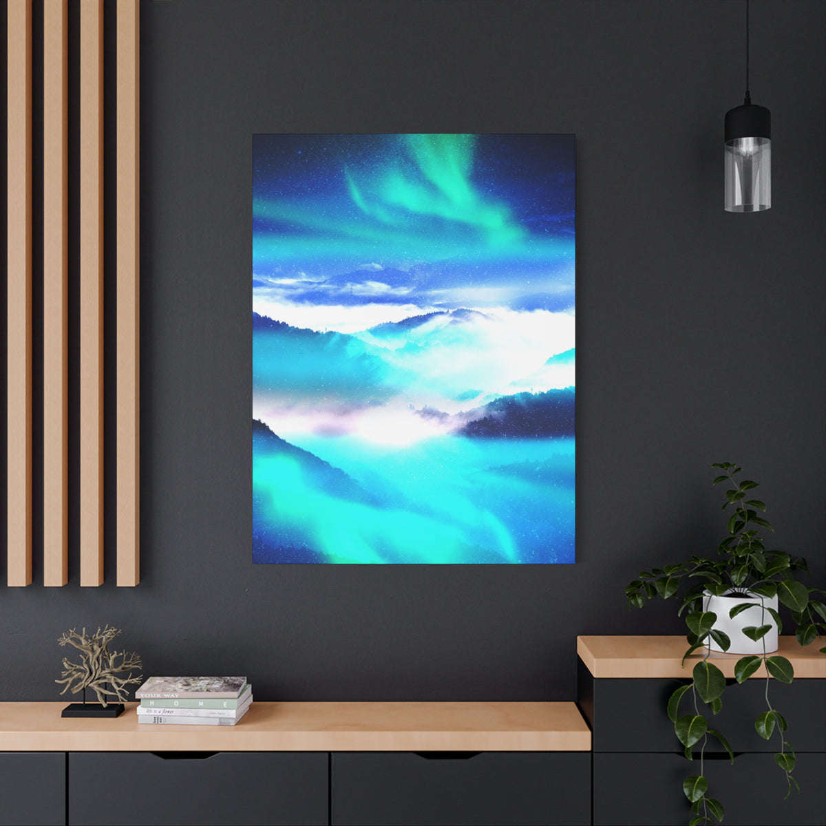Starry Mountain Sky Canvas Wall Art - Aurora Borealis Decor
