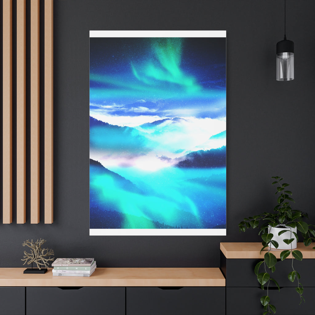 Starry Mountain Sky Canvas Wall Art - Aurora Borealis Decor
