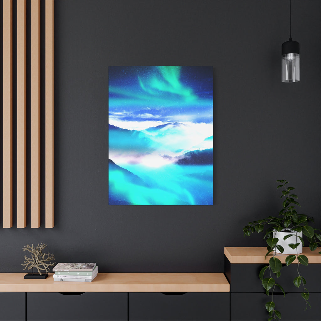 Starry Mountain Sky Canvas Wall Art - Aurora Borealis Decor