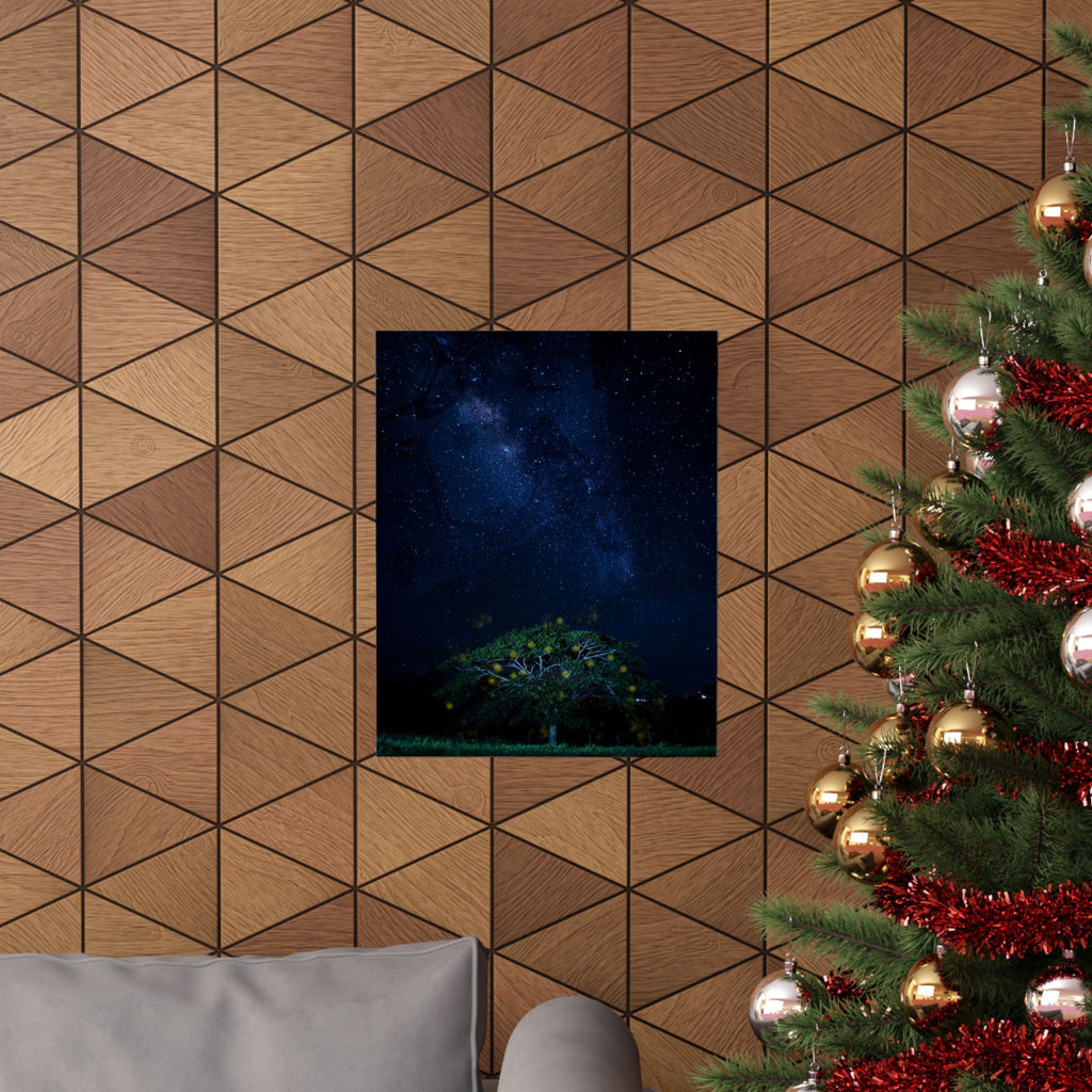 The Great Fairy Tree - Stunning Matte Vertical Poster for Home Decor - Night Sky Art Featuring Fireflies & Stars