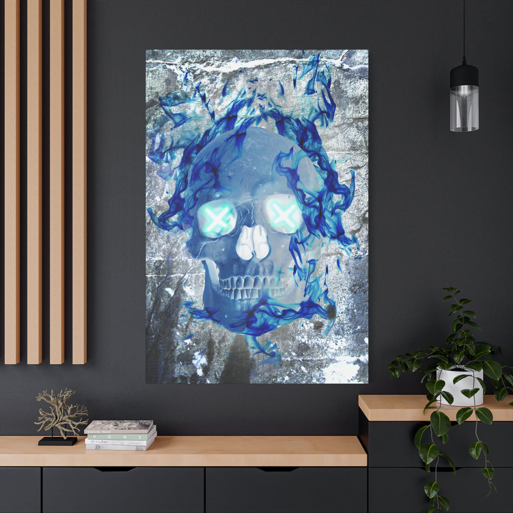 Blue Flame Skull Gothic Canvas Art - Edgy Fire Skeleton Decor