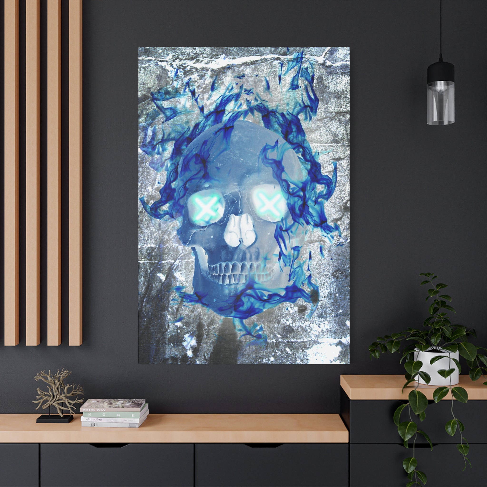 Blue Flame Skull Gothic Canvas Art - Edgy Fire Skeleton Decor