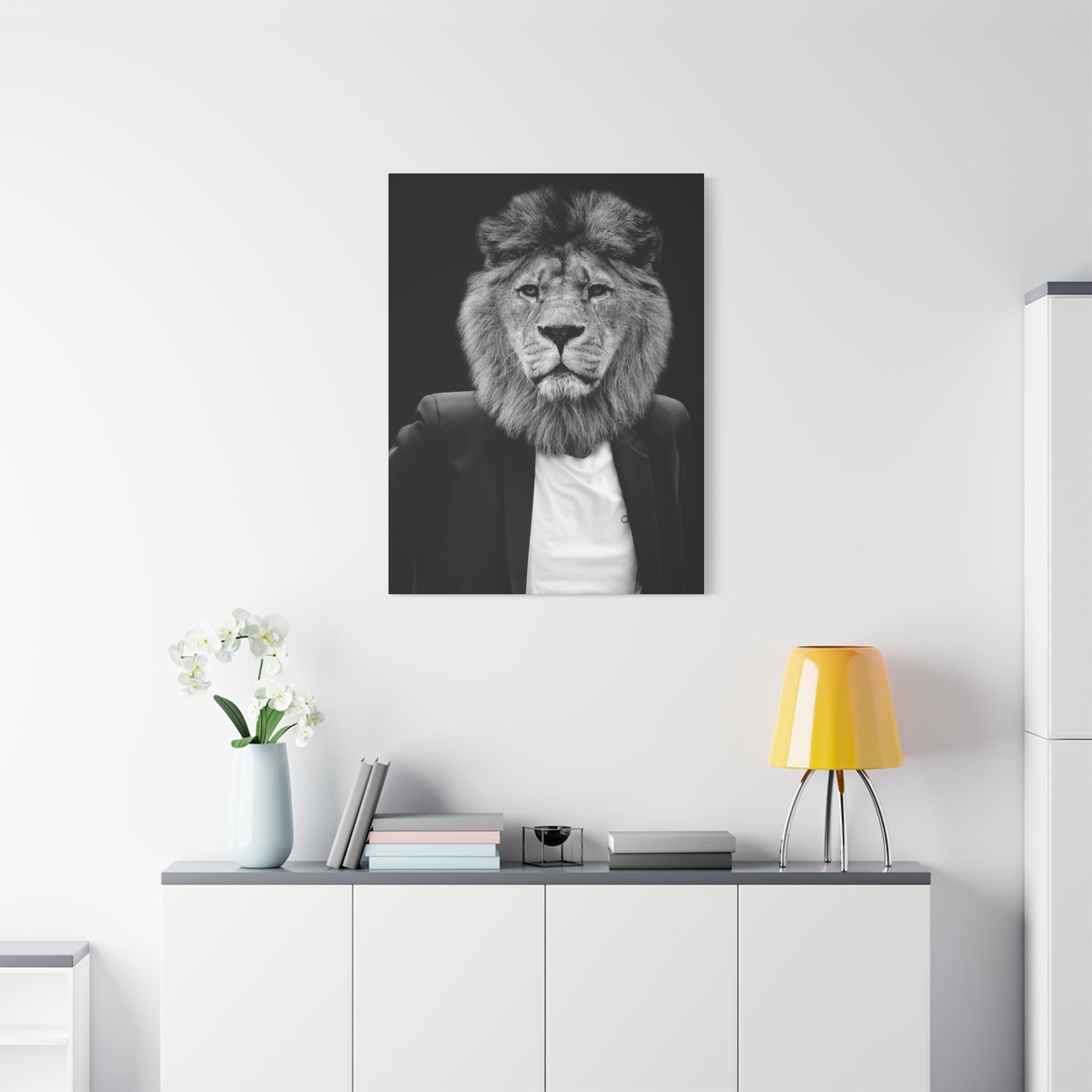 Lion in a Suit Canvas Wall Art - Modern Quirky Animal Portrait