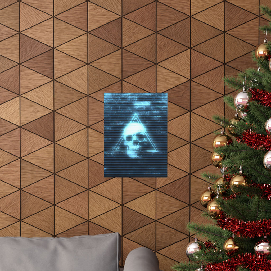 CRT Blue Skull Poster - Cyber-Noir Scanline Skull Art Print