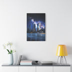 Space Cityscape on the Shore Canvas Wall Art - Neon Sci-Fi Coast Decor