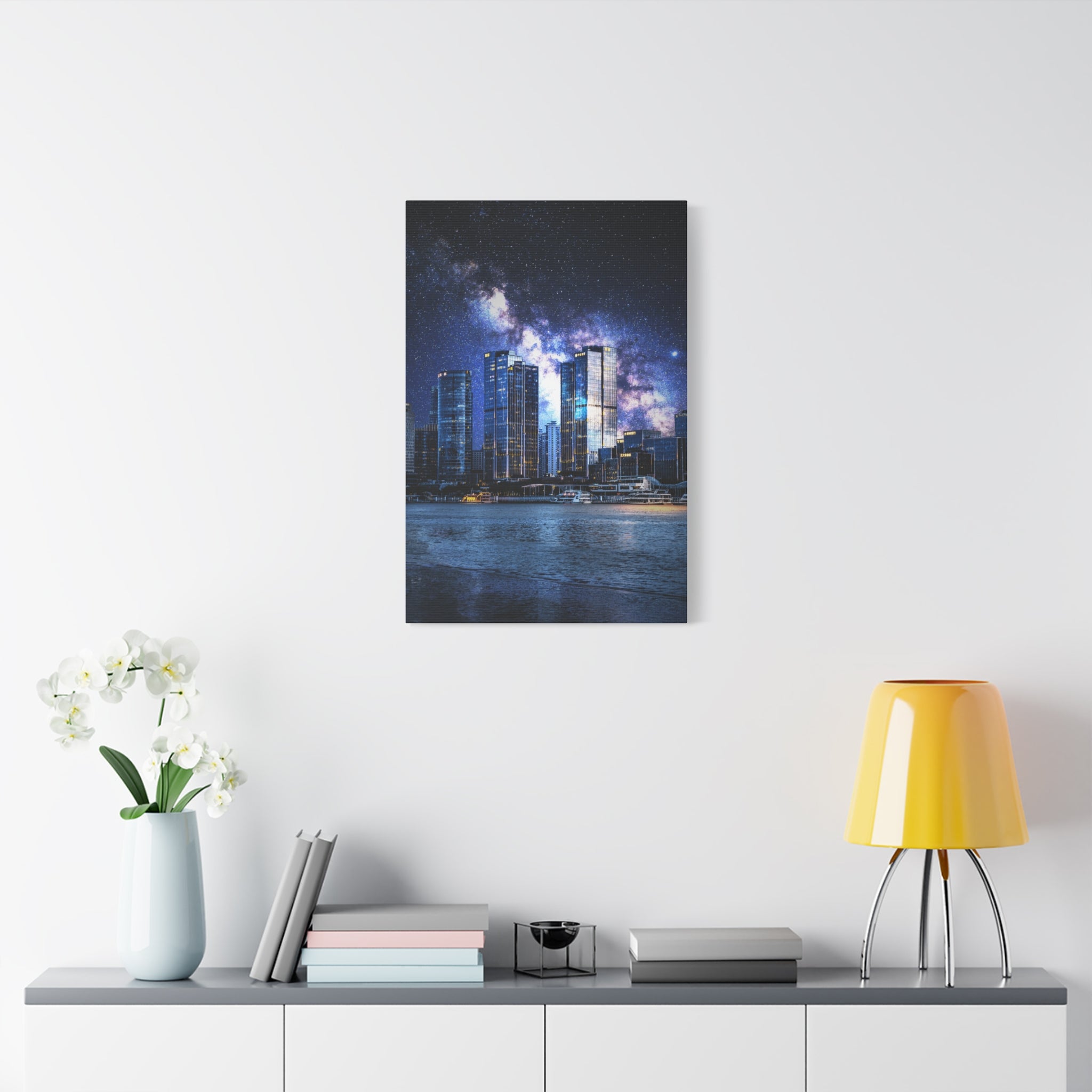 Space Cityscape on the Shore Canvas Wall Art - Neon Sci-Fi Coast Decor
