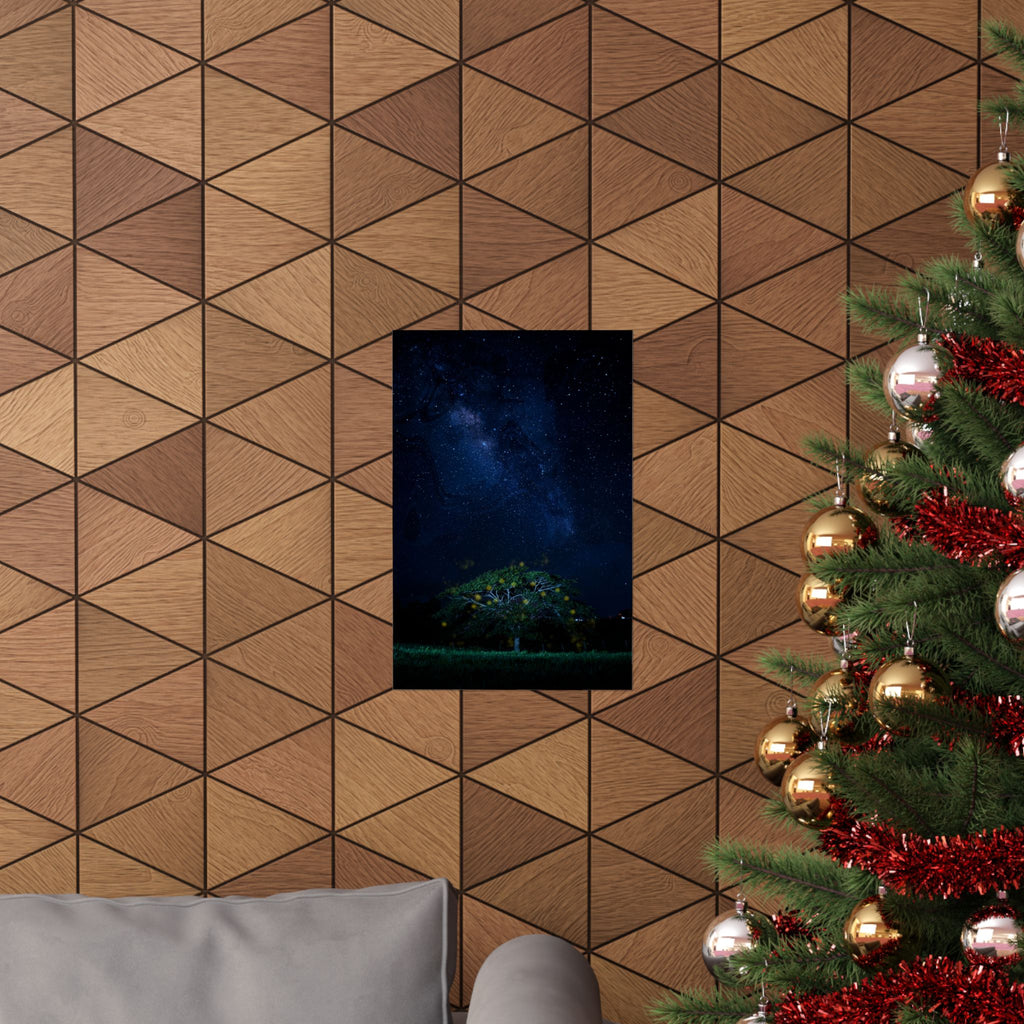 The Great Fairy Tree - Stunning Matte Vertical Poster for Home Decor - Night Sky Art Featuring Fireflies & Stars