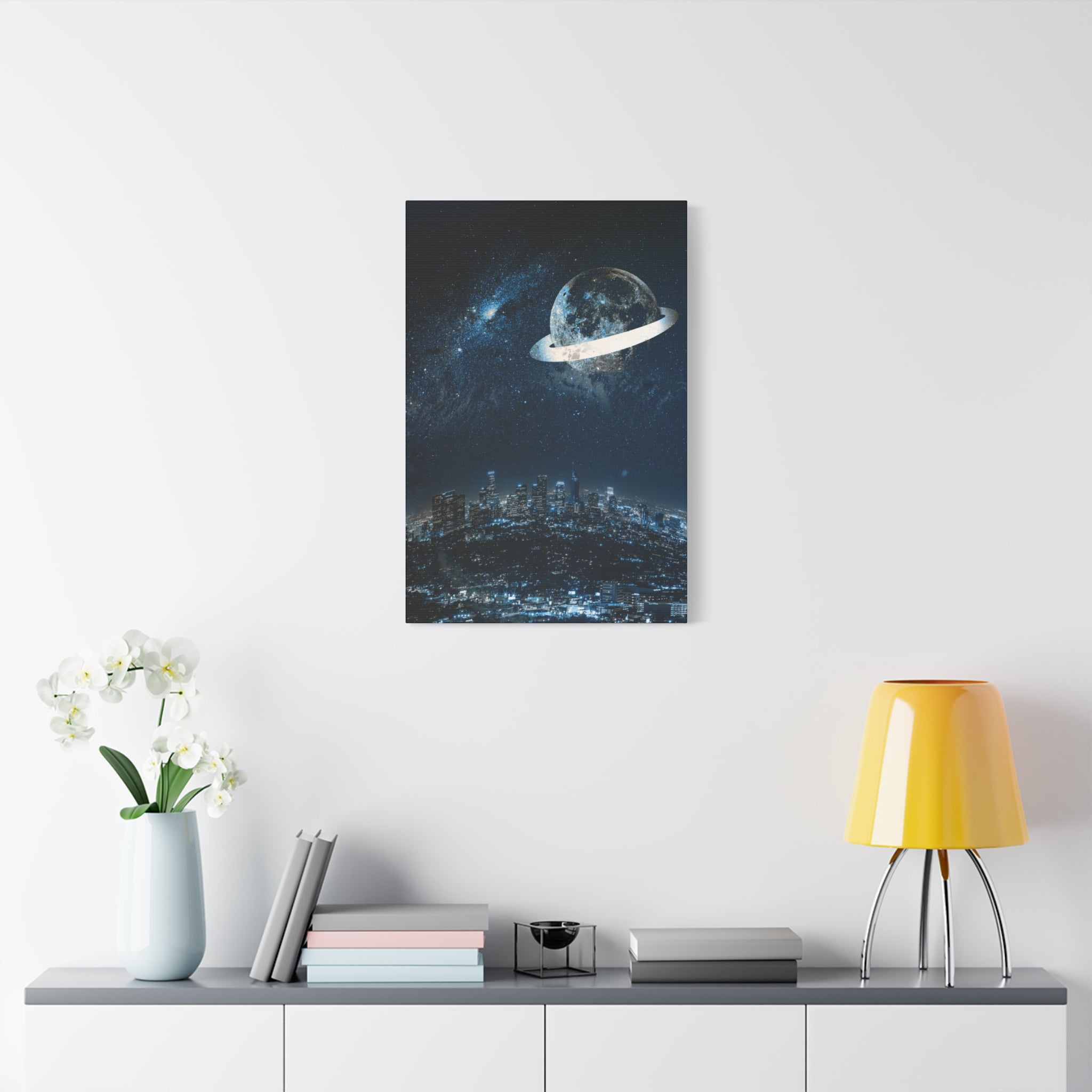 Starlight Cityscape Under a Celestial Moon Canvas Wall Art