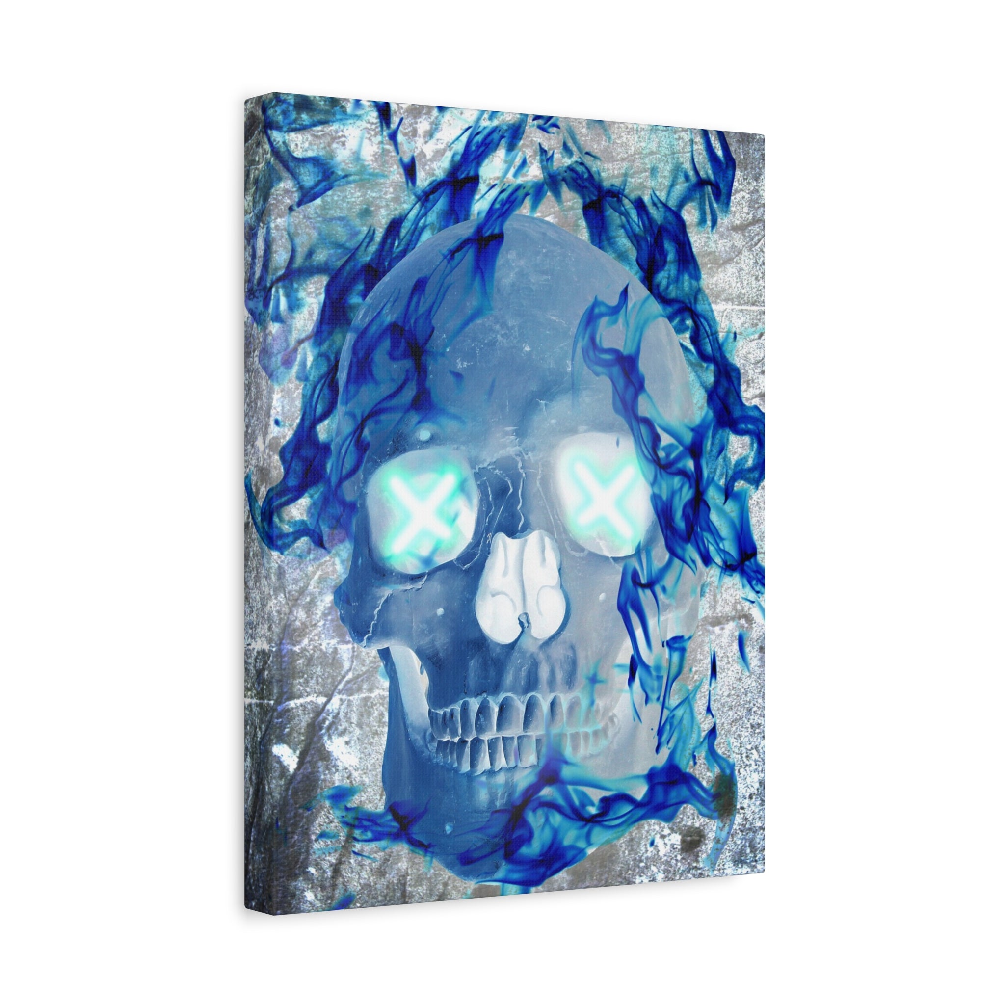 Blue Flame Skull Canvas Wall Art - Gothic Dark Fantasy Decor