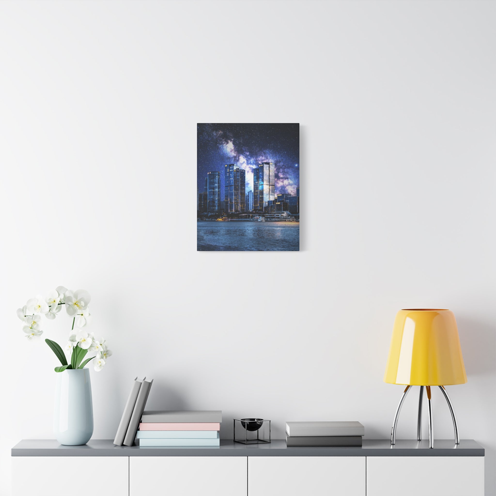 Space Cityscape on the Shore Canvas Wall Art - Neon Sci-Fi Coast Decor
