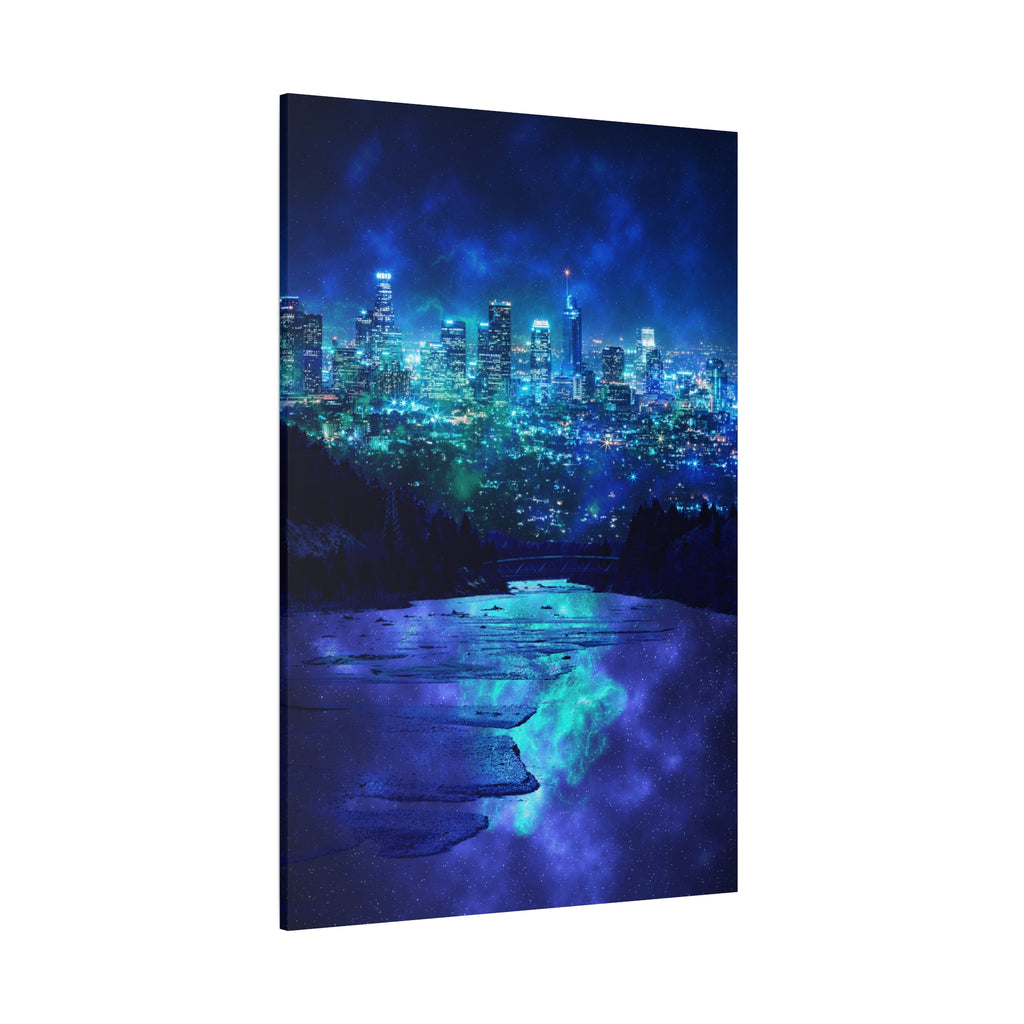Cosmic Frosted City Canvas Art - Winter Metropolitan Nightscape