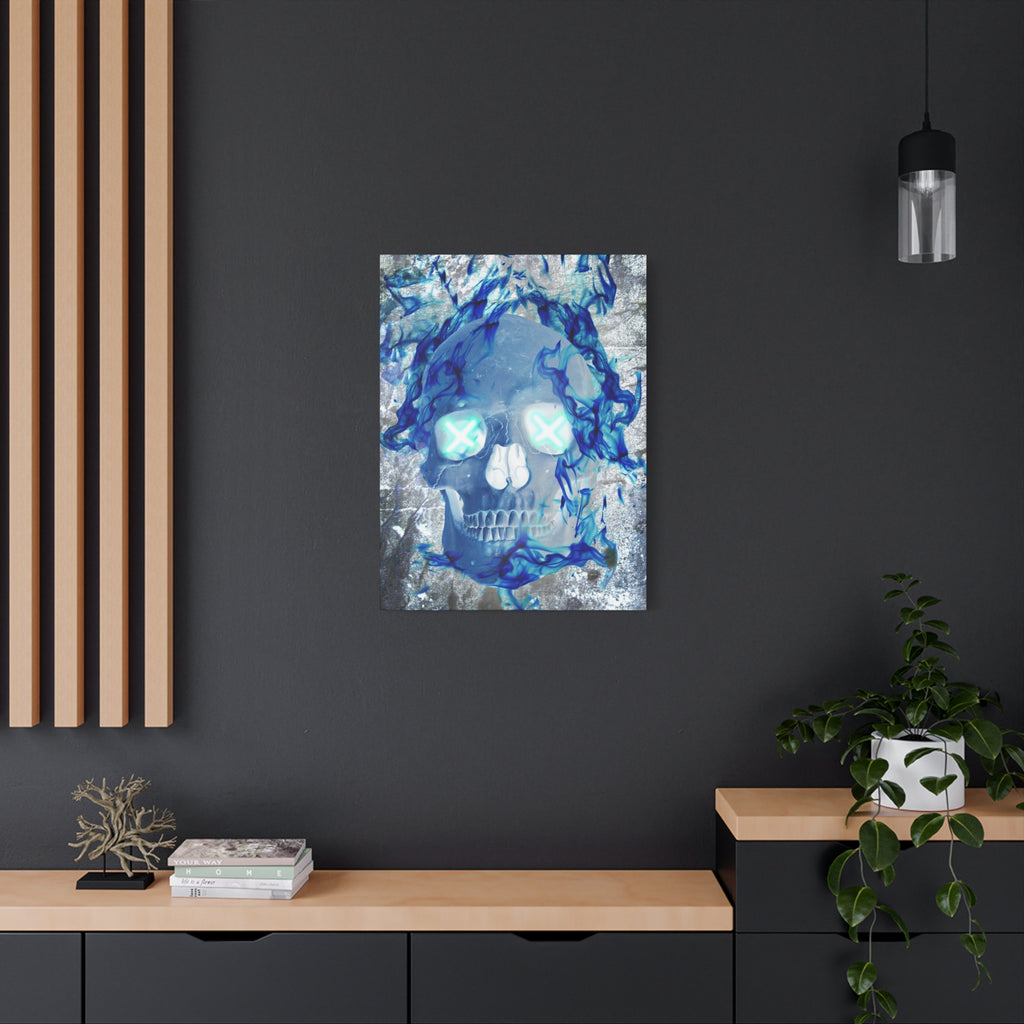 Blue Flame Skull Canvas Wall Art - Gothic Dark Fantasy Decor
