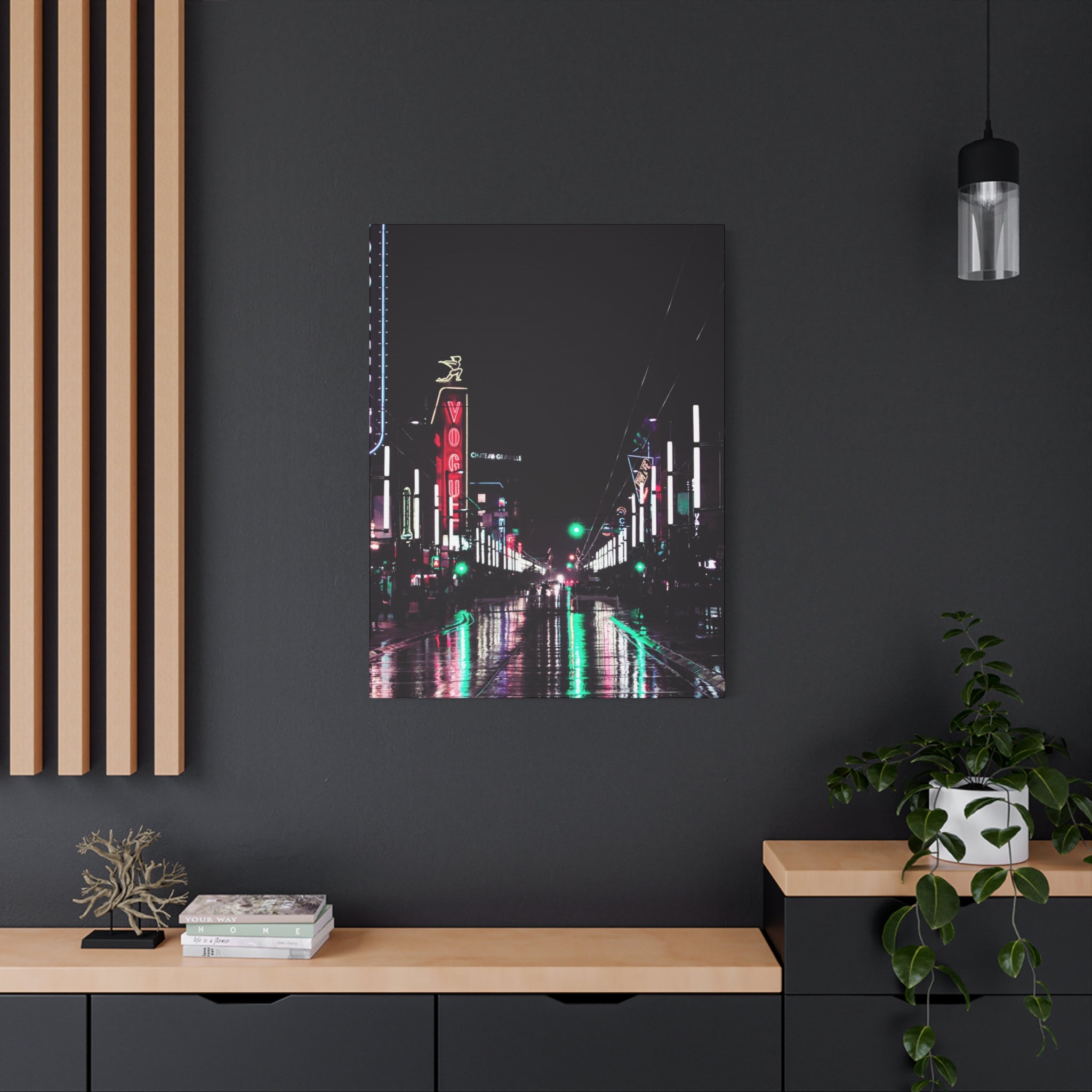 Cyberpunk Slick Street Canvas Wall Art - Neon Alley Decor