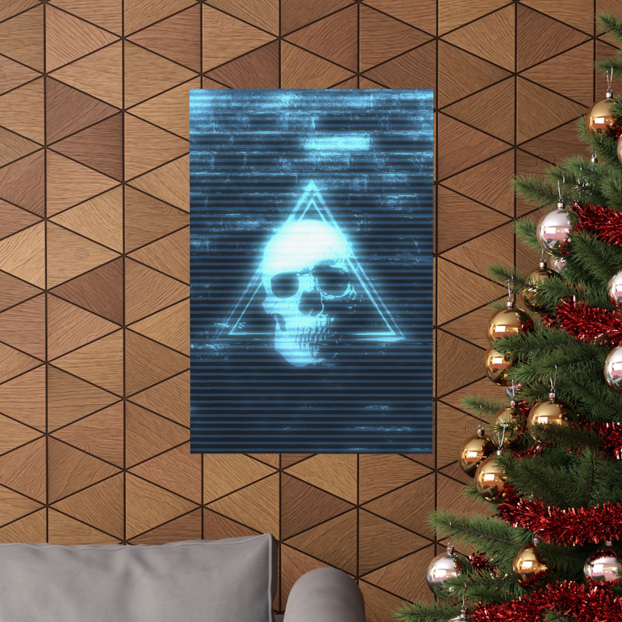 CRT Blue Skull Poster - Cyber-Noir Scanline Skull Art Print