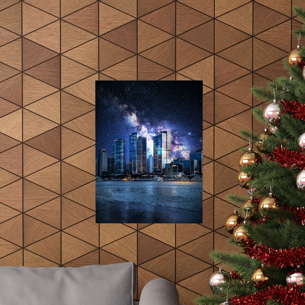 Space Cityscape on the Shore Poster - Neon Sci-Fi Coast Art Print