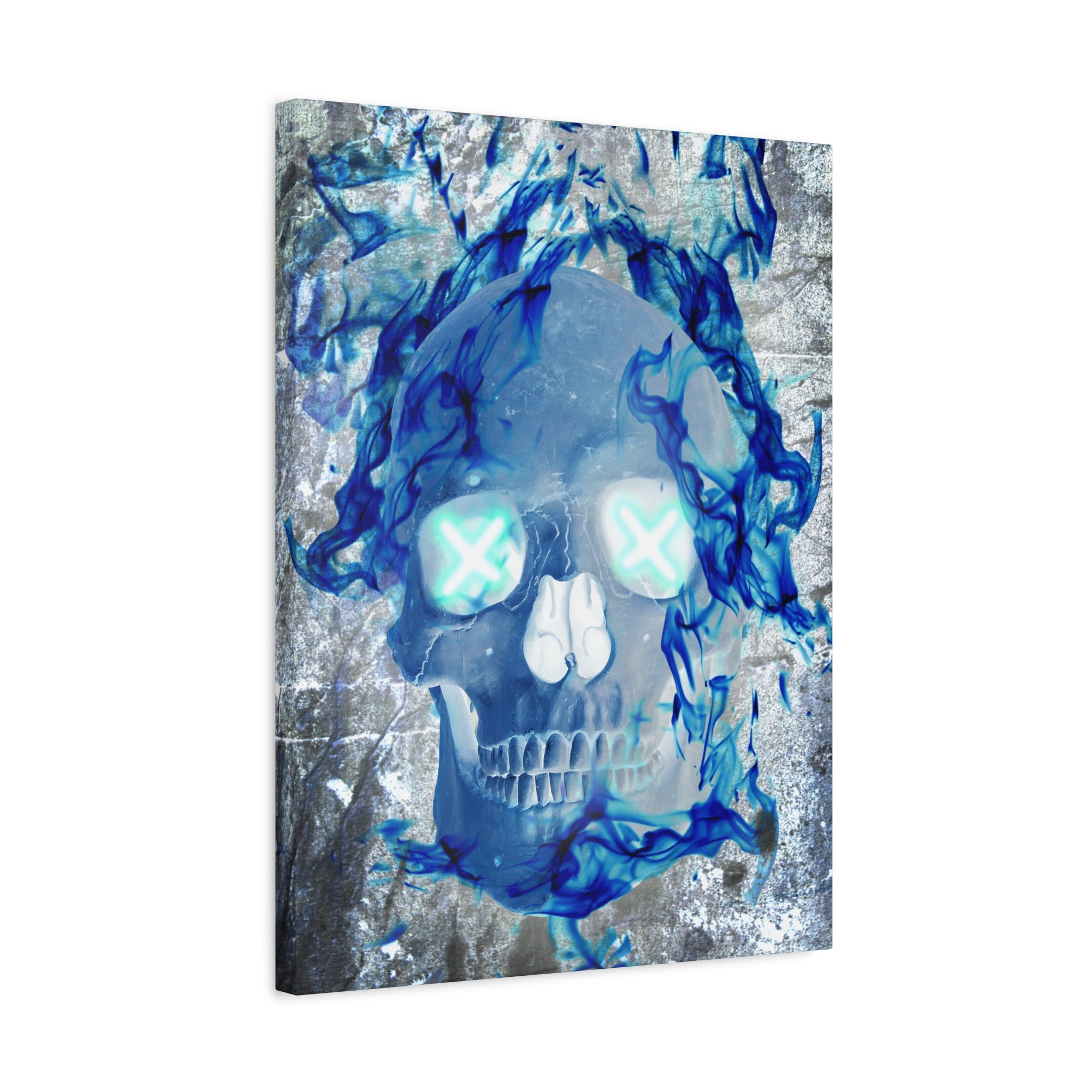 Blue Flame Skull Gothic Canvas Art - Edgy Fire Skeleton Decor
