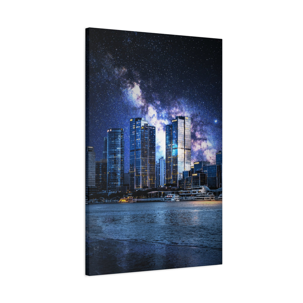 Space Cityscape on the Shore Canvas Wall Art - Neon Sci-Fi Coast Decor
