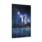 Space Cityscape on the Shore Canvas Wall Art - Neon Sci-Fi Coast Decor