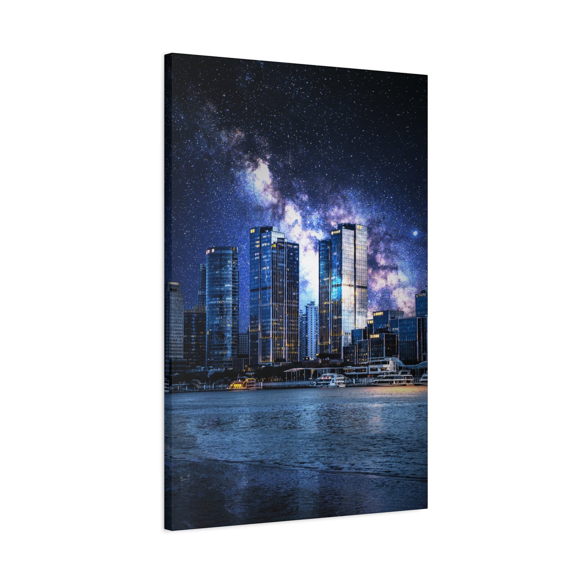 Space Cityscape on the Shore Canvas Wall Art - Neon Sci-Fi Coast Decor