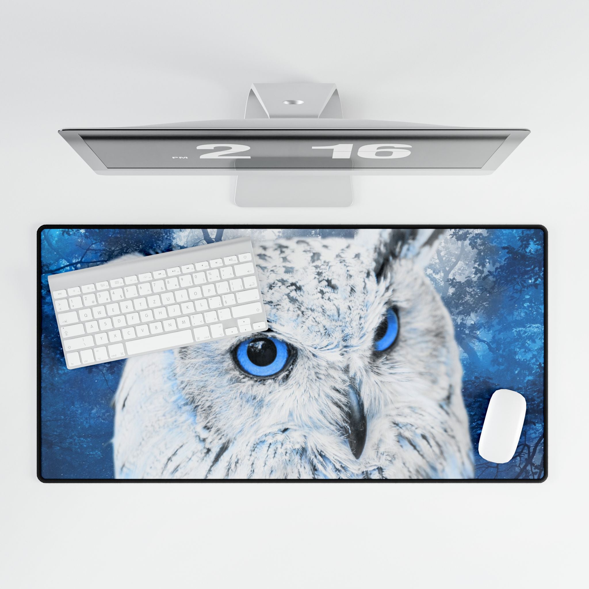 Frost Owl Desk Mat - Winter Forest Bird Mouse Pad