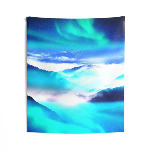 Starry Mountain Sky Tapestry - Aurora Borealis Wall Hanging