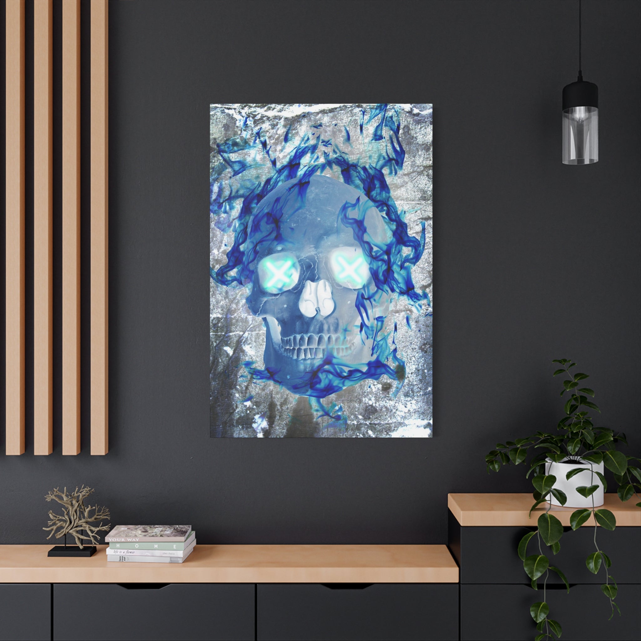 Blue Flame Skull Canvas Wall Art - Gothic Dark Fantasy Decor