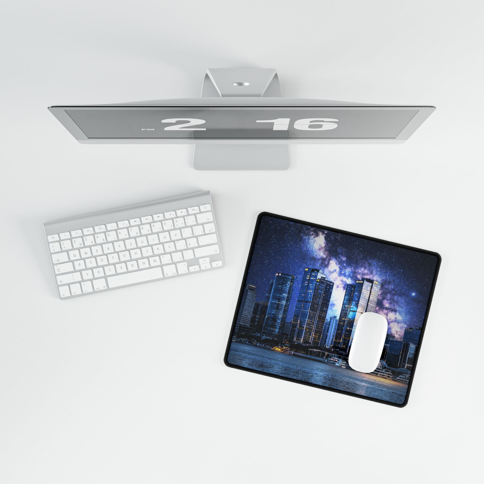 Space Cityscape on the Shore Desk Mat - Futuristic Neon Coast Mouse Pad