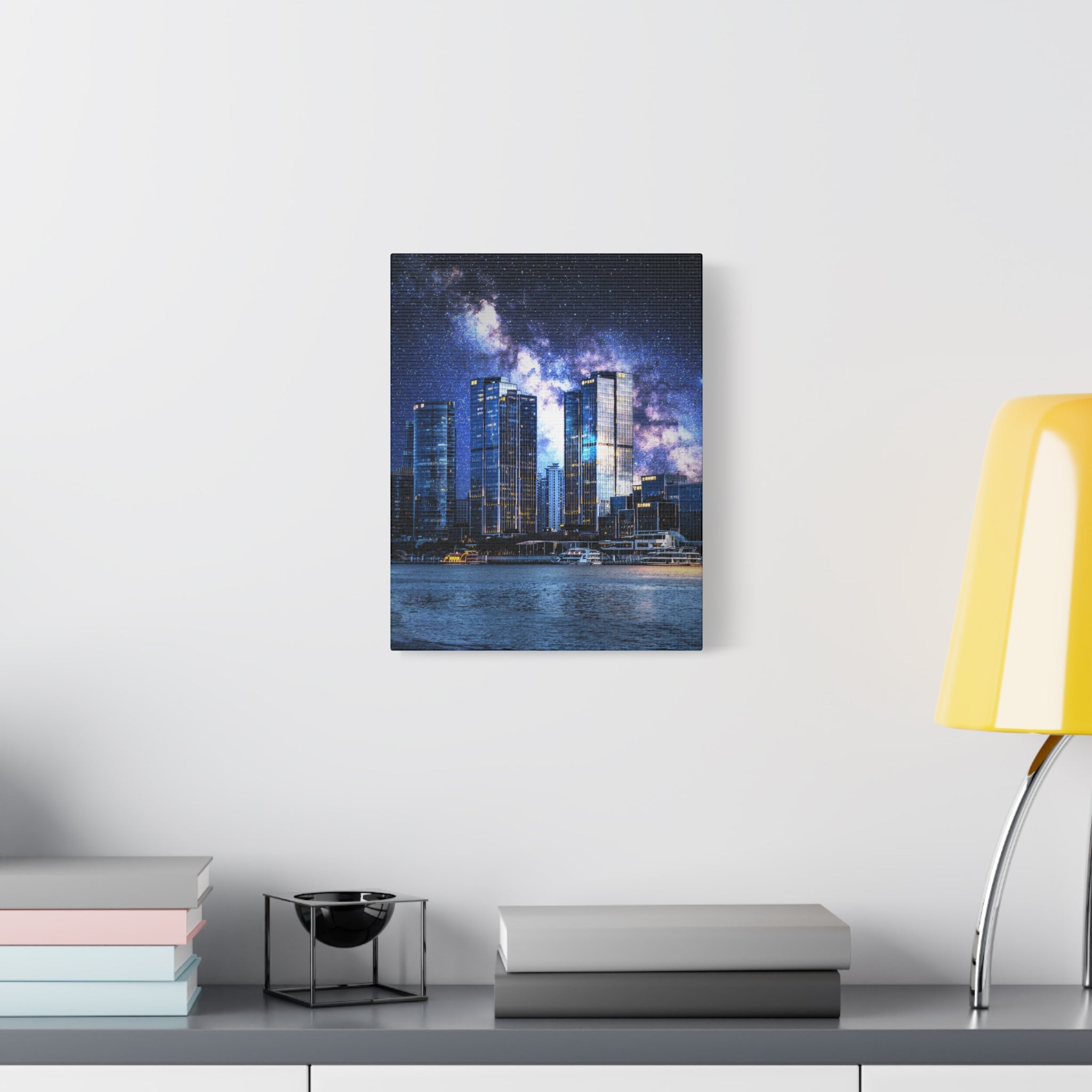 Space Cityscape on the Shore Canvas Wall Art - Neon Sci-Fi Coast Decor
