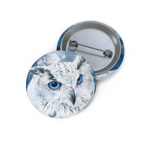 Frost Owl Pin - Winter Forest Bird Art Button by Kiyo Arts
