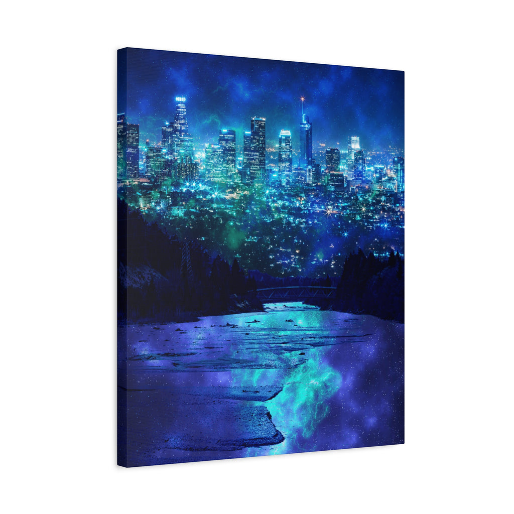 Cosmic Frosted City Canvas Art - Winter Metropolitan Nightscape
