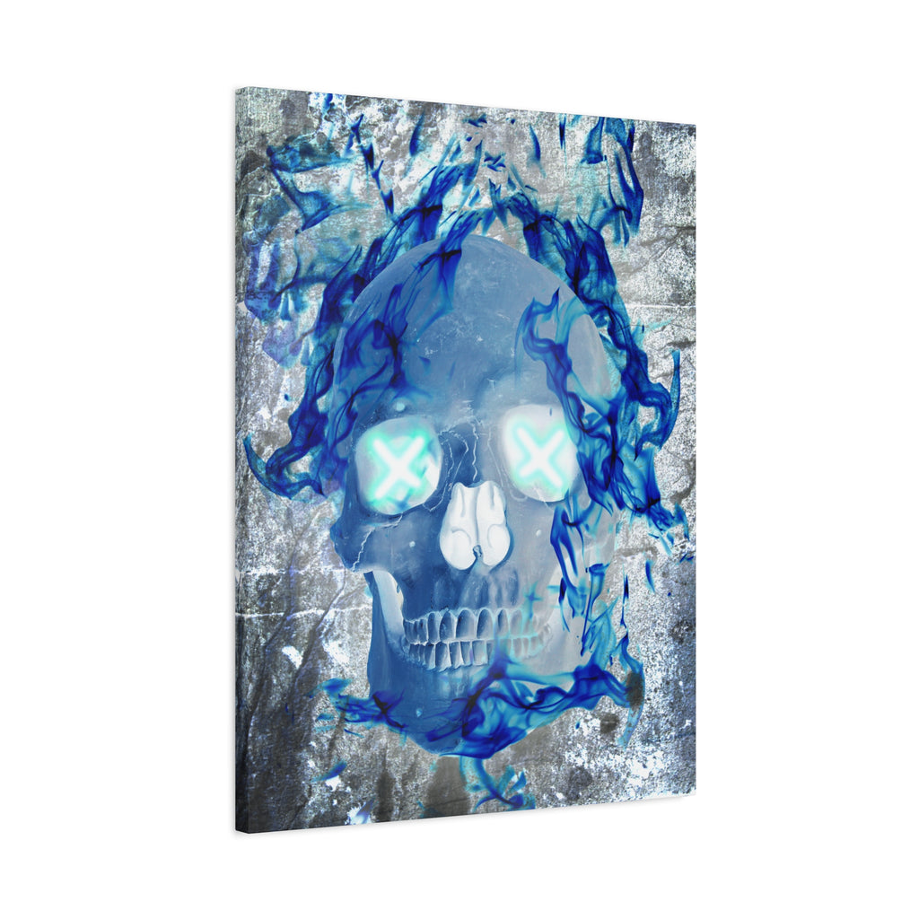 Blue Flame Skull Gothic Canvas Art - Edgy Fire Skeleton Decor