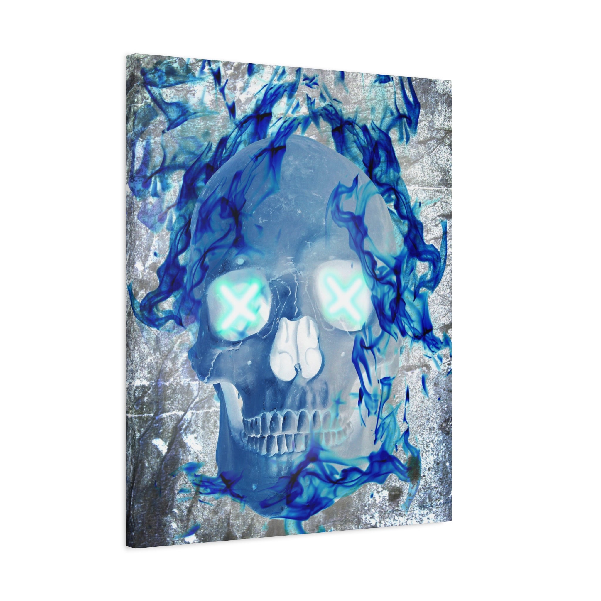 Blue Flame Skull Canvas Wall Art - Gothic Dark Fantasy Decor