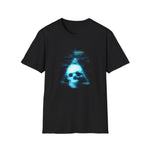 Neon Blue Glitch Triangle Skull Tee - Pastel Vaporwave CRT Shirt by Kiyo Arts