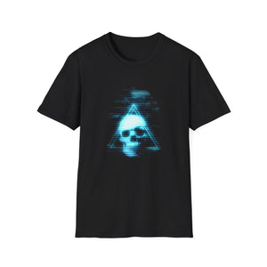 Neon Blue Glitch Triangle Skull Tee - Pastel Vaporwave CRT Shirt