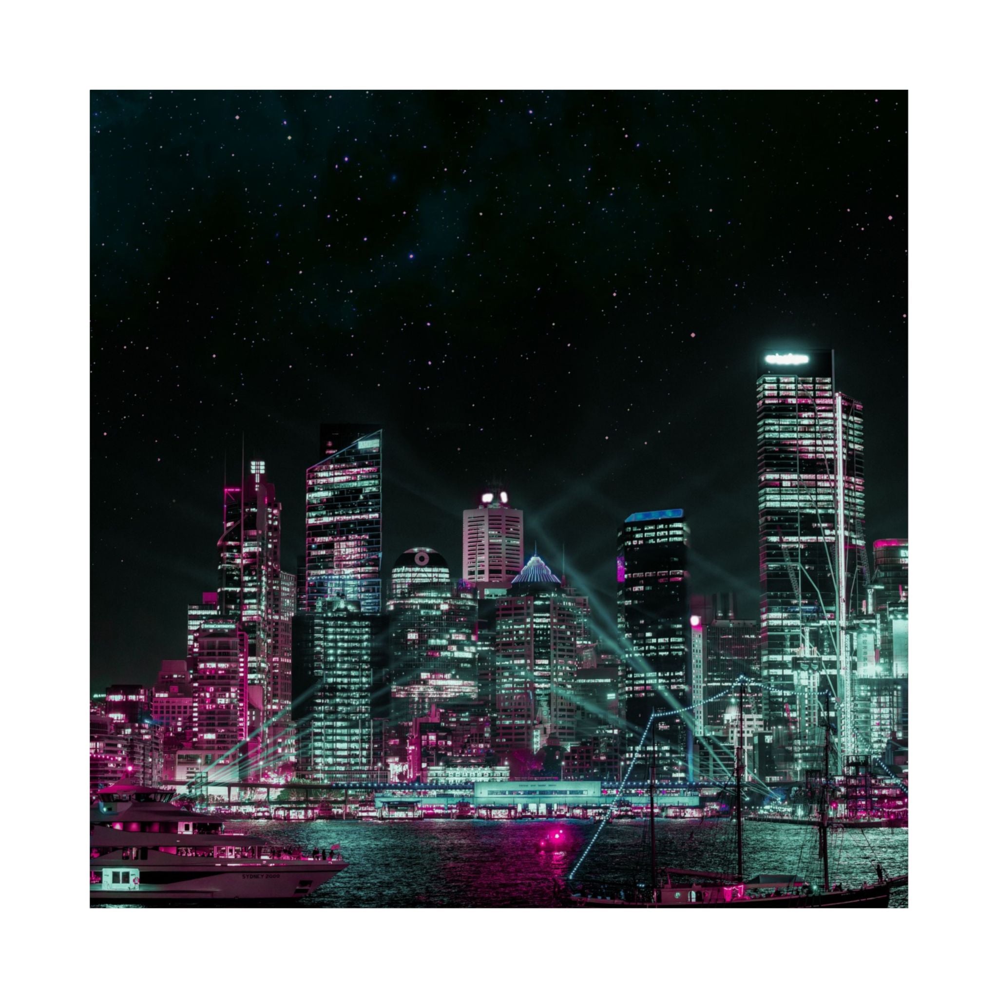 Cyberpunk Harbor Buildings Poster - Neon Cityscape Art Print