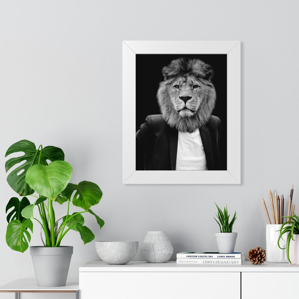 Lion in a Suit Framed Poster - Majestic Business Animal Wall Art