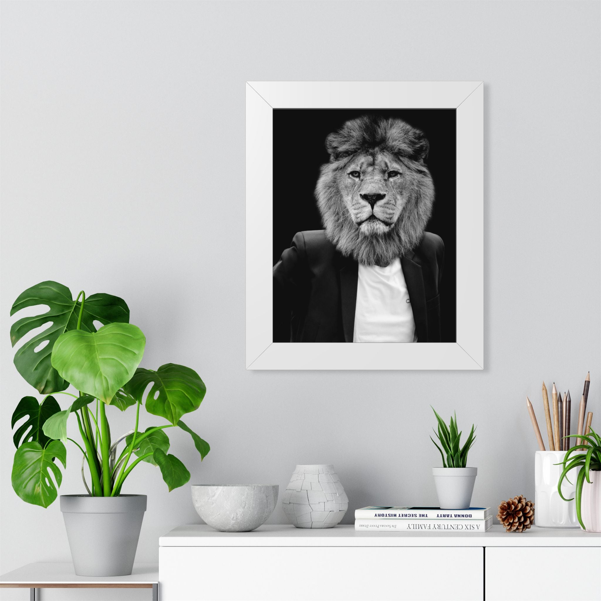 Lion in a Suit Framed Poster - Majestic Business Animal Wall Art