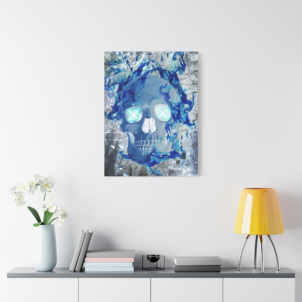 Blue Flame Skull Gothic Canvas Art - Edgy Fire Skeleton Decor